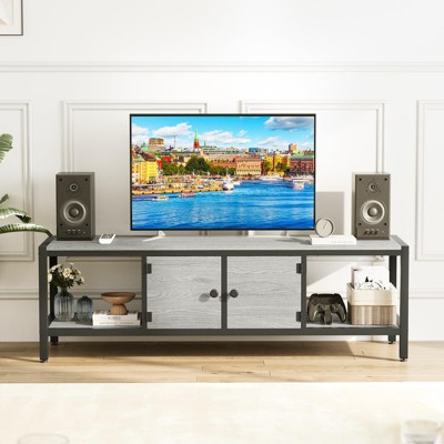 Sturdy Wooden Entertainment Center with 2 Closed & 2 Open Shelves, Adjustable Legs