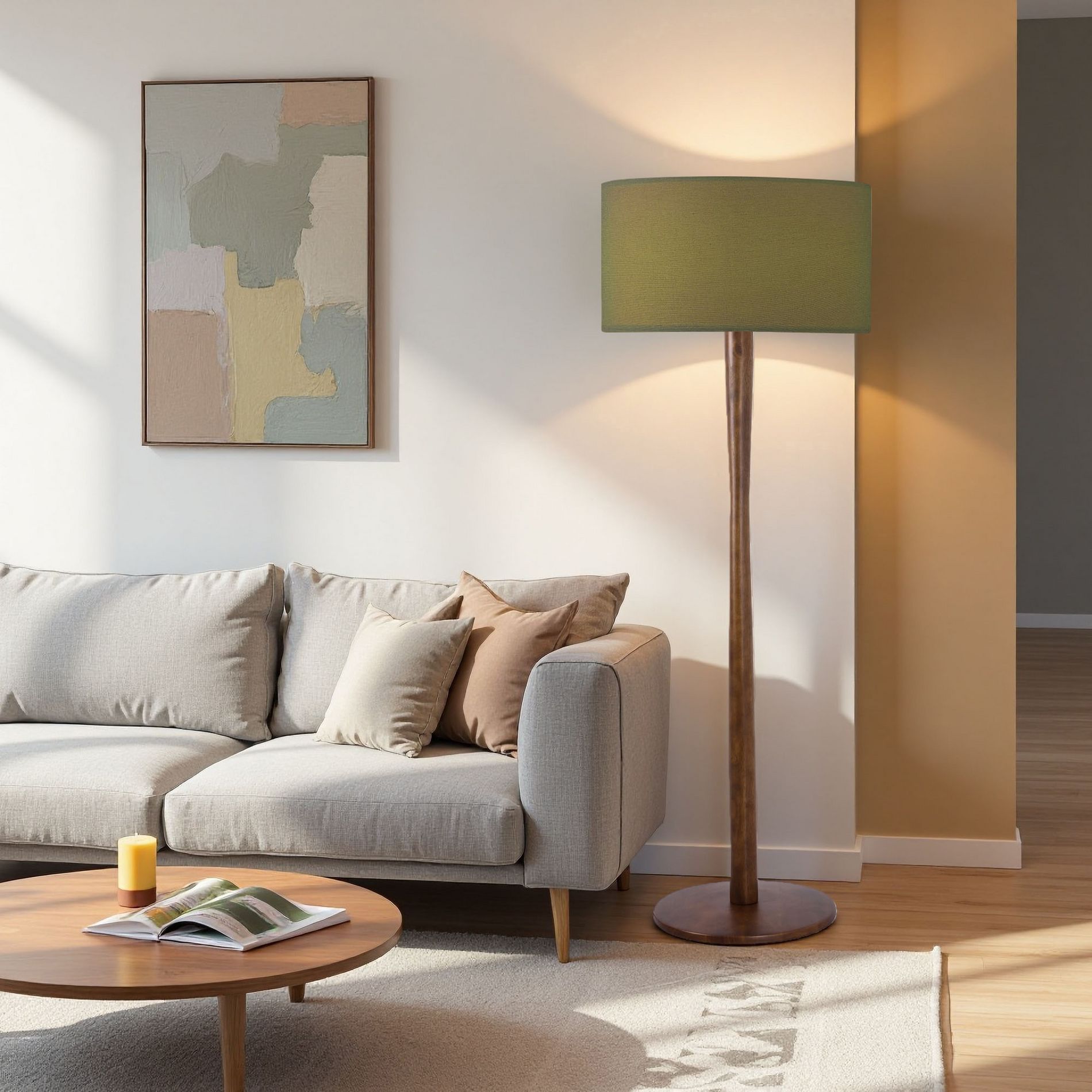 61" Modern Walnut Wood Column Floor Lamp with Green Linen Drum Shade for Living Room, Bedroom, Office, Study, Hallway & Entryway