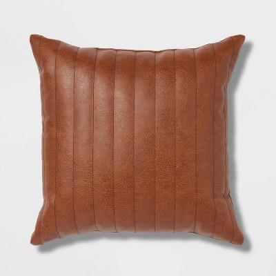 Square Faux Leather Channel Stitch Decorative Throw Pillow Cognac - Threshold™