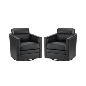 Set of 2 Eulalia 28.74''Wooden Upholstery Wide Genuine Leather Swivel Chair with Swivel Metal Base and  Squared Arms | ARTFUL LIVING DESIGN - 1 of 4