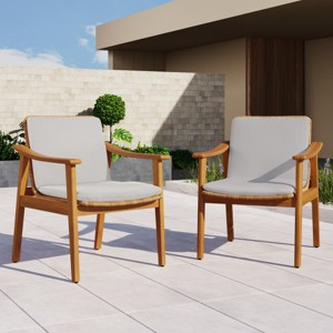 Set of 2 Outdoor Wicker Dining Armchairs, Acacia Wood Frame in Teak Finish with Waterproof Cushions, Garden Dining Set – Koiai - 1 of 4