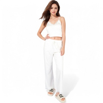 Anna-Kaci Lounge Women's Lace Trim Ribbed Knit Pajama Set with Adjustable Drawstring