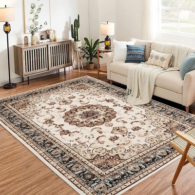 Garvee Floral Print Area Rugs --Washable Boho Rug, Non Slip Carpet for Living Room Bedroom Kitchen Soft Low-Pile Rug, Beige