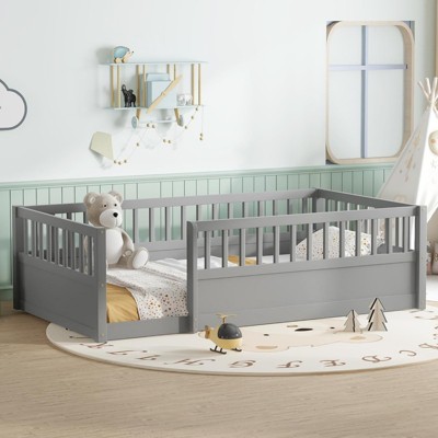 ALEXOUN Floor Bed with Fence & Door - Kids Bed Montessori Frame - Easy Assembly, No Spring Box Needed - for Playroom Bedroom