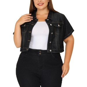 Agnes Orinda Women's Plus Size Short Sleeve Button-Down Cropped Denim Jean Jackets - 1 of 4