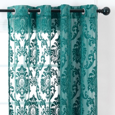 Teal Velvet Damask Sheer Grommet Curtain Panels, 52" x 63"