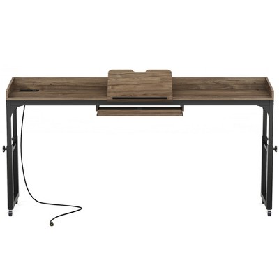 Lirago Gray Adjustable Overbed Table 70.86x15.75x35.4-43.3 Metal Frame with Charging Ports Wheels for Bedside Use