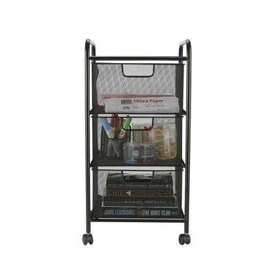 Black Metal Mesh 3-Drawer Rolling Storage Trolley