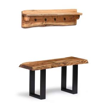 Alaterre Furniture Alpine Natural Brown Live Edge 36" Bench with Coat Hook Shelf Set Metal And Wood
