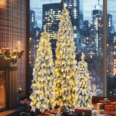 Resenkos 3-Piece Slim Flocked Christmas Tree Set with 520 LED Lights and 11 Dynamic Lighting Modes, White Green