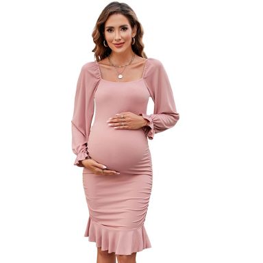 Coolmee Women's Maternity Midi Dress Puff Long Sleeve Square Neck Ruffle  Hem Smocked Bodycon Dress for Baby Shower L Pink : Target