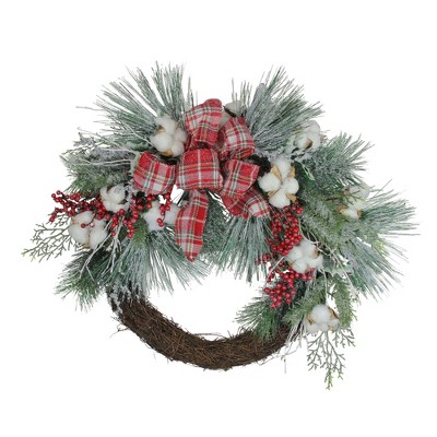 Northlight 24" Unlit Plaid Glittered Cotton and Holly Berry Artificial Christmas Wreath