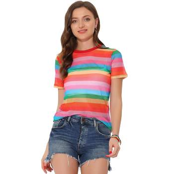 Allegra K Women's Rainbow Blouse Short Sleeve Mesh Sheer Stripe T-Shirt