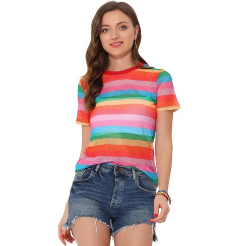 Allegra K Women's Rainbow Blouse Short Sleeve Mesh Sheer Stripe T