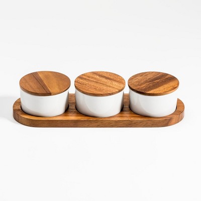 Kalmar Home Ceramic Condiment Set On Acacia Wood Base : Target