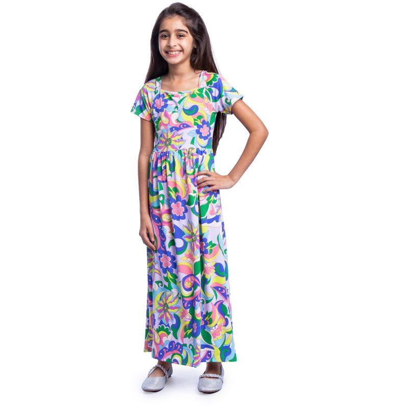 24seven Comfort Apparel Girls Floral Print Short Sleeve Pleated Maxi Dress, 4 of 5