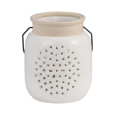 Sagebrook Home Ceramic Lantern - Contemporary Ivory and Beige Flower Cut-Out Creative Decorative Lantern with Handle for Indoor or Outdoor Use