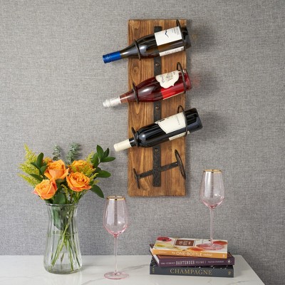 Rustic Natural Wood and Metal Wall Mounted Wine Rack