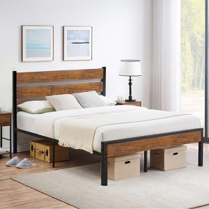 Platform Bed Frame with Wood Headboard, Heavy Duty 800LB Support, 12" Under Bed Storage, Noise-Free & No Box Spring Needed, Rustic Vintage - 1 of 4