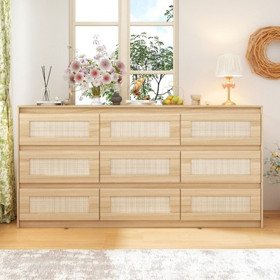 FUFU&GAGA Yellow Rattan Weave Style 9-Drawer Dresser with Ample Storage Space