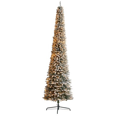 Nearly Natural 11-ft Flocked Pencil Artificial Christmas Tree with 850 Clear Lights and 1435 Bendable Branches