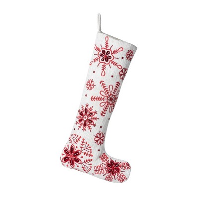 White and Red Cotton Embroidered Snowflake Stocking