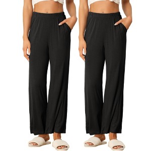 cheibear Women's Cotton Elastic Waist Straight Wide Leg Long Pants with Pocket 2 Pack - 1 of 4