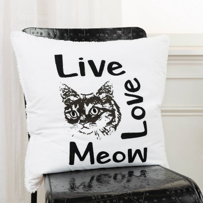 20"x20" White Cotton Embroidered Cat Throw Pillow