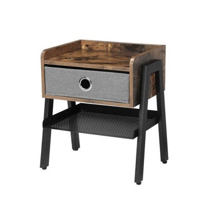 Wooden Nightstand with Fabric Removable Drawer and Metal Mesh Shelf Brown/Black - Benzara