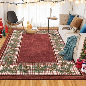 Christmas Washable Area Rug, Non Slip Checkered Low Pile Carpet with Pine Cones, Foldable Soft Floor Mat for Living Room Bedroom Holiday - 1 of 4