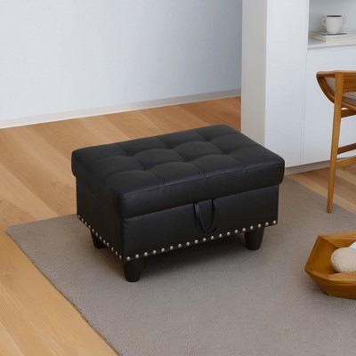 DOMETOUR Black Faux Leather Storage Ottoman-Durable Synthetic Leather Footrest for Living Room or Bedroom