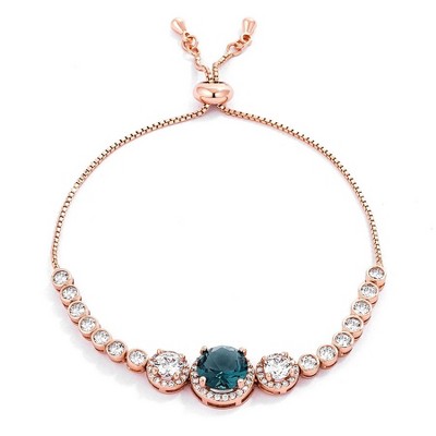 ShineHigh Adjustable Rose Gold Plated Graduated CZ Bolo Style Tennis Bracelet, Peacock Blue Center Stone with White Halo CZ, 8.5-Inch Slider Design
