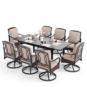 Captiva Designs 9pc Patio Dining Extendable Steel Rectangle Table & Rattan Metal Arm Chairs - 1 of 4