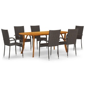 vidaXL 7 Piece Patio Dining Set in Brown - Solid Acacia Wood Table, PE-Rattan Upholstered Chairs, Stylish and Outdoor-Ready Furniture Set for Patios - 1 of 4