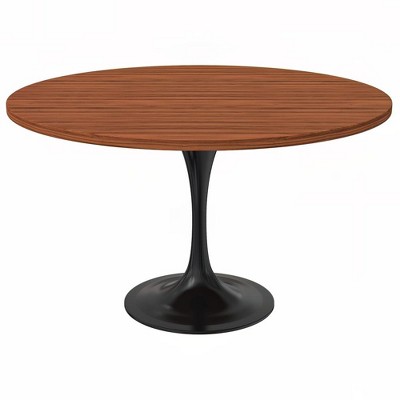LeisureMod Verve Mid-Century Modern Table with a 48" Round MDF Tabletop and Black Steel Pedestal Base for Kitchen and Dining Room