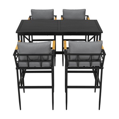 Cesicia 5 Pieces U_Style Iron Outdoor Chairs Set w/ Acacia Wood Armrest Suitable For Patio, Balcony Or Backyard