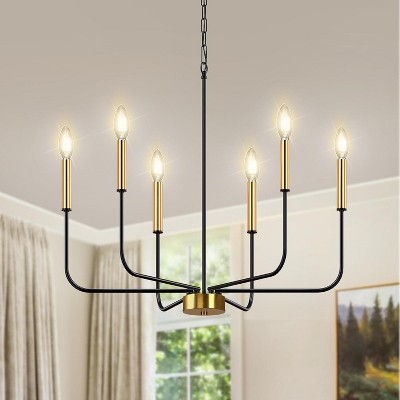 YANSUN 26 in. 6-Light Black and Gold Farmhouse Chandelier ?¡ìC Adjustable Industrial Fixture for Dining Room, Bedroom and Foyer