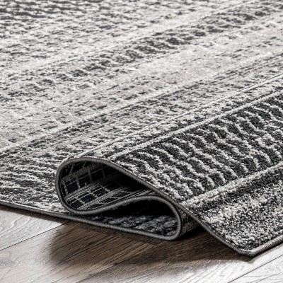 Nova Bohemian Dark Gray Striped Synthetic Runner Rug, 2'6" x 14'
