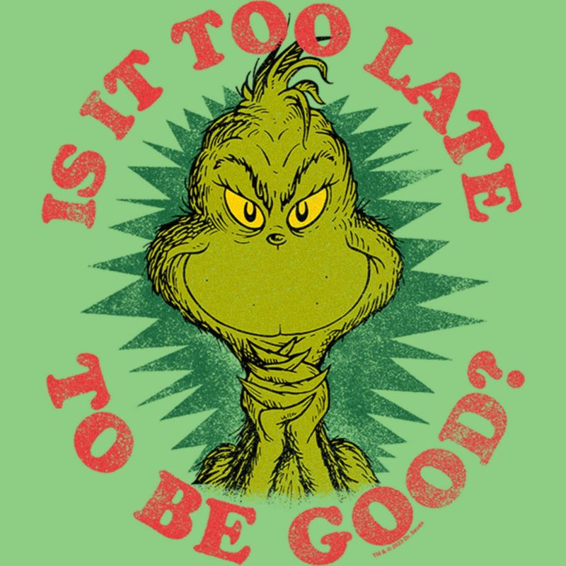 Girl's Dr. Seuss Christmas The Grinch Is it too Late T-Shirt, 2 of 5