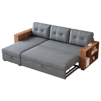 VYNXARIA Upholstered Pull Out Sectional Sofa with Storage Chaise, Convertible Corner Couch, Dark Grey-Wooden handrail
