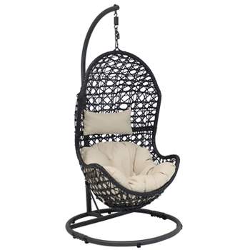 Sunnydaze Outdoor Resin Wicker Patio Cordelia Hanging Basket Egg Chair Swing with Cushion, Headrest, and Steel Stand Set- 3pc