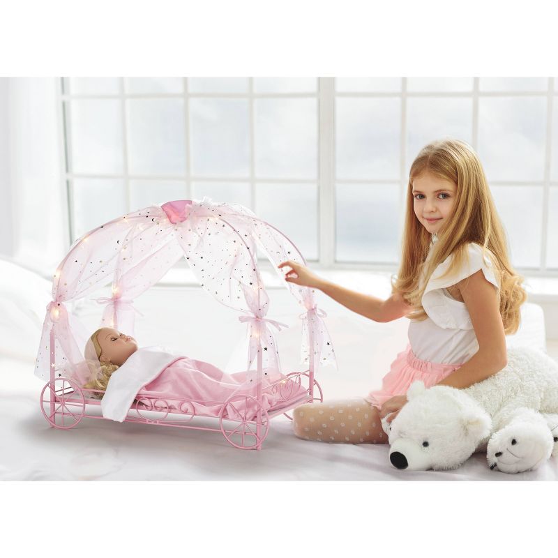 Badger Basket Royal Carriage Metal Doll Bed with Canopy Bedding and LED Lights - Pink/White/Stars, 2 of 13