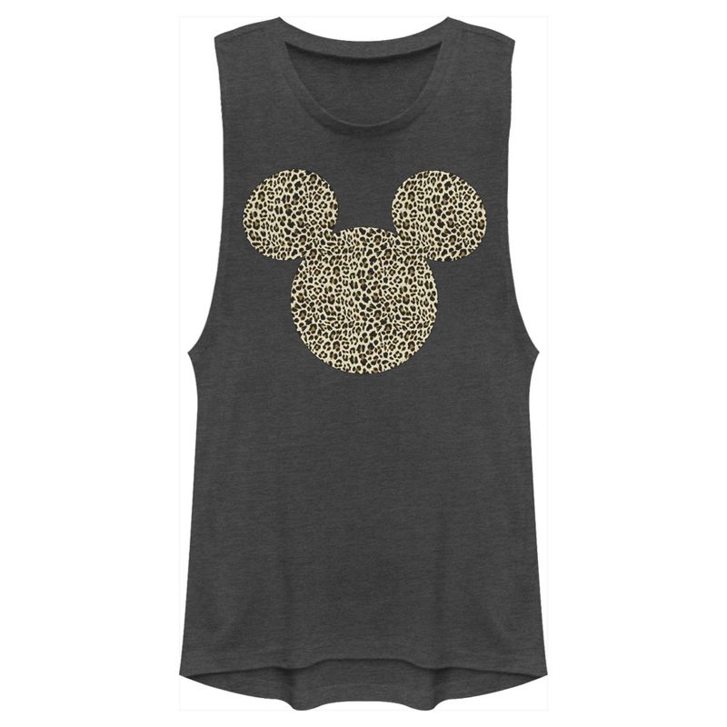 Juniors Womens Mickey & Friends Cheetah Print Mickey Mouse Logo Festival Muscle Tee, 1 of 5