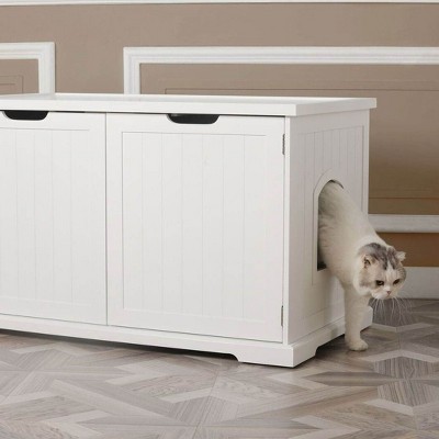 White Wooden Cat Washroom Bench with Dual Doors