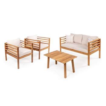 Thom 4-Piece Mid-Century Modern Acacia Wood Outdoor Patio Set with Cushions and Plaid Decorative Pillows - JONATHAN Y