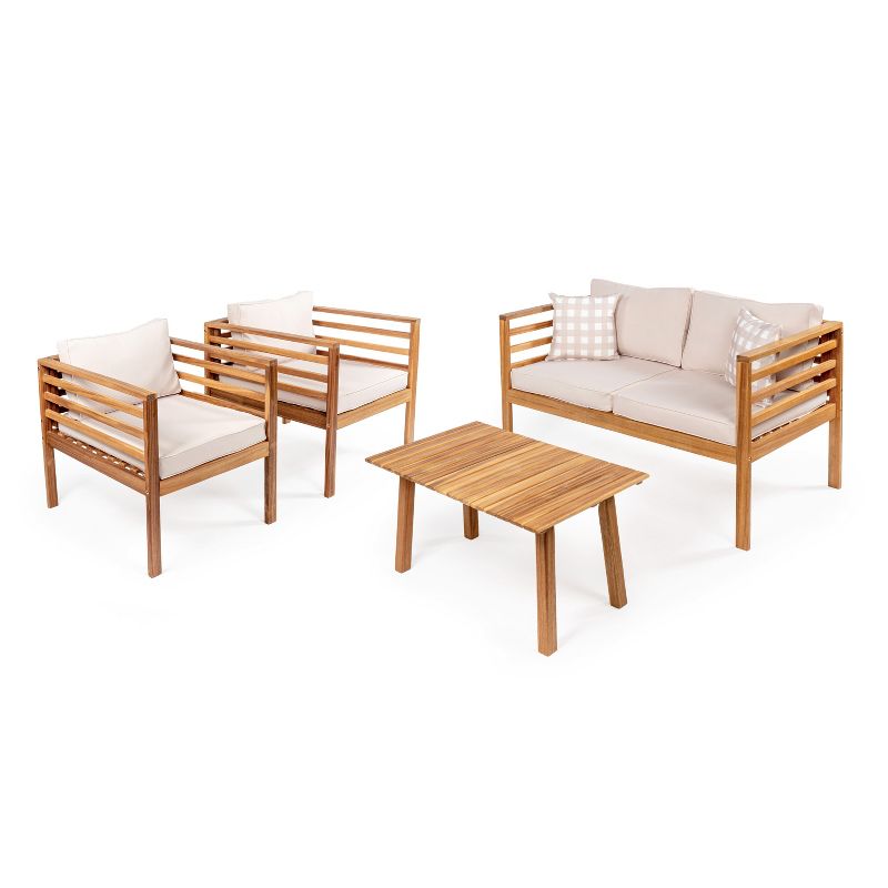 Thom 4-Piece Mid-Century Modern Acacia Wood Outdoor Patio Set with Cushions and Plaid Decorative Pillows - JONATHAN Y, 1 of 8