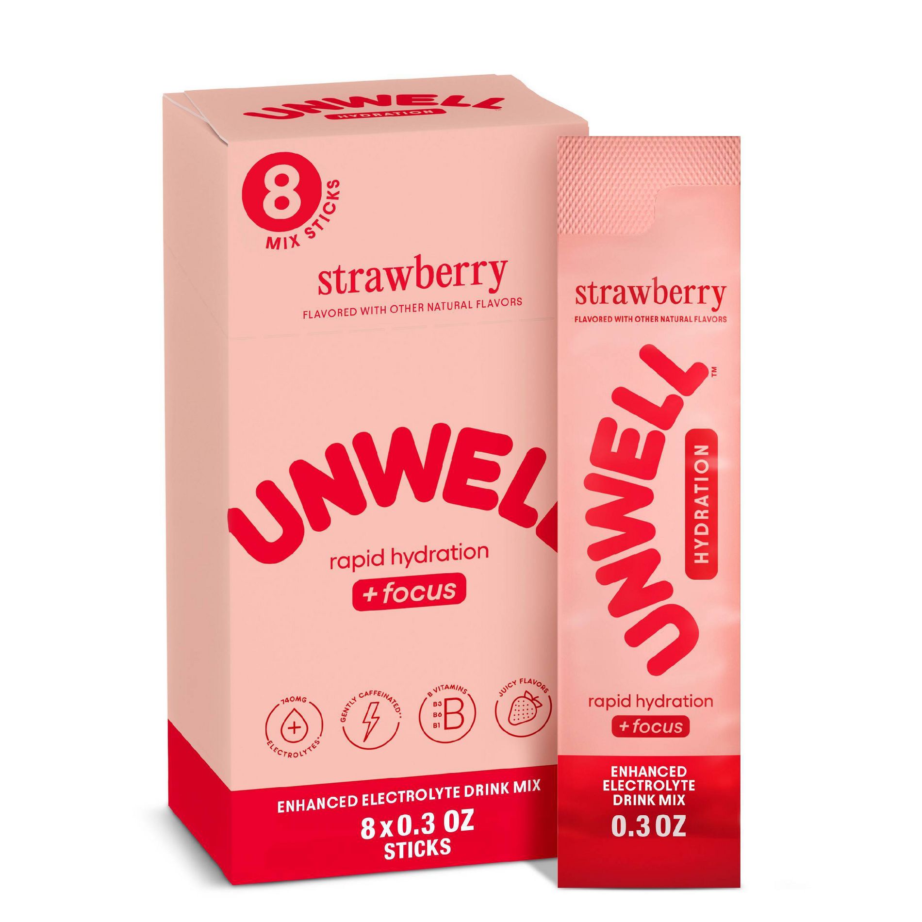 Unwell Hydration Electrolyte Stick Pack for Rapid Hydration - Focus Strawberry - 8pk