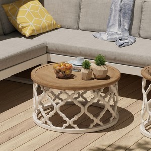 JIONJOY Rustic Round Coffee Table with Tray Top - White Curved Base & Natural Wood Finish - 1 of 4