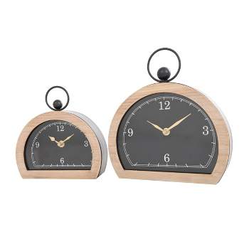 Set of 2 Wooden Semi-Circle Clocks with Brown Wooden Frame and Ring Handle - Olivia & May