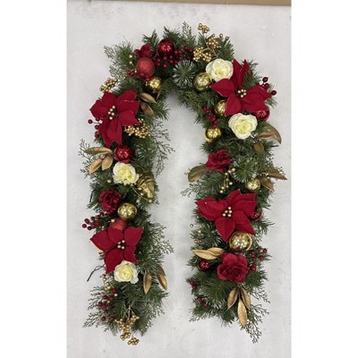 6ft Artificial Pine Garland with Lights, Pre-Lit Christmas Garland with Balls Ornaments, Real Touch Christmas Decor for Mantel Stair Fireplace, Red